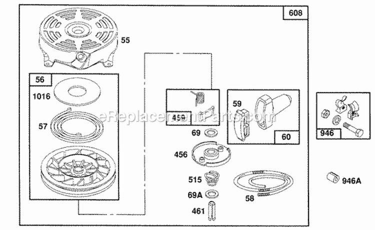 Rewind Assembly Diagram and Parts List for 123702-3120-01  Briggs and Stratton Engine